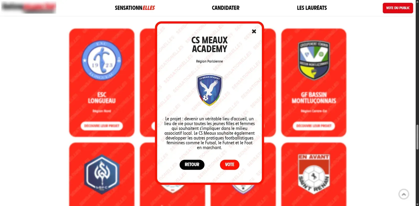 Candidatures et votes du public pour une équipe de football féminin — écran 2